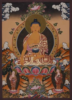Beautiful Hand-Painted Shakyamuni Buddha with Sariputta and Maudgalyayana | Gautama Buddha | Tibetan Buddhism Art